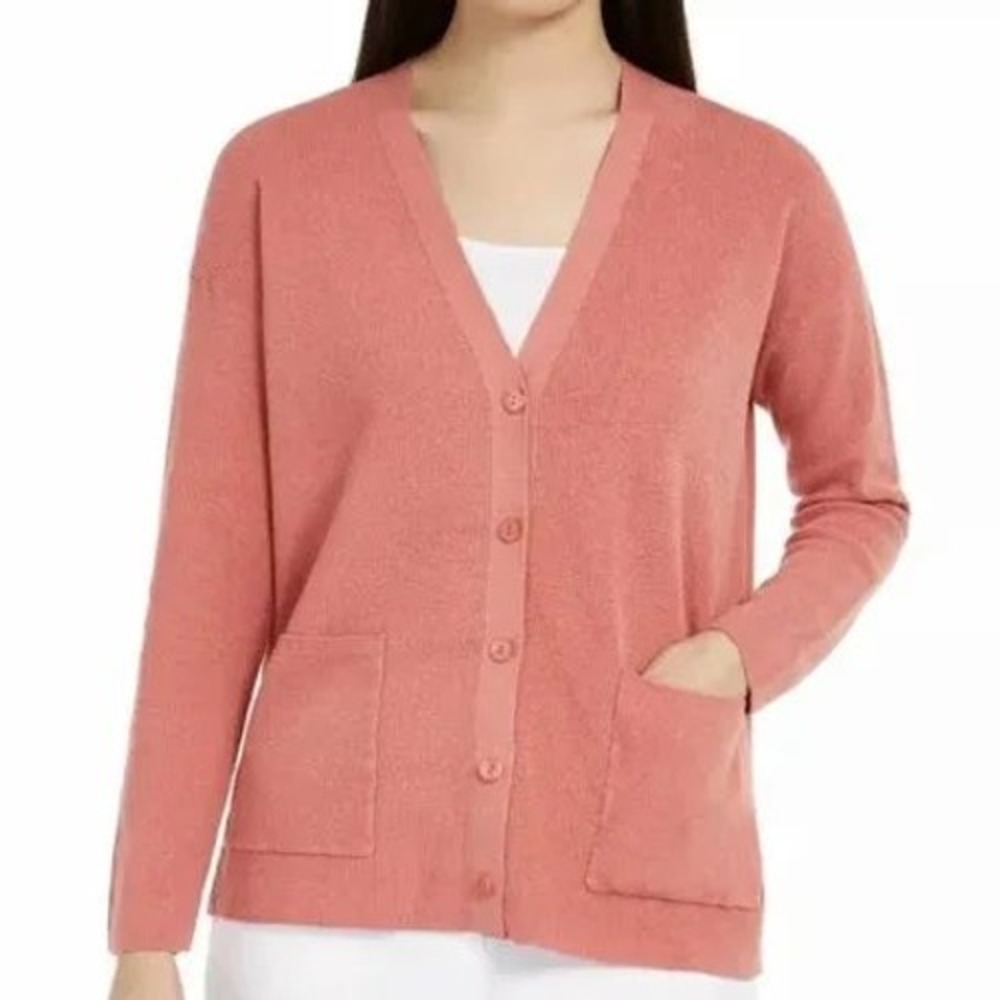Eileen Fisher Organic Linen Blend V-Neck Cardigan Sweater Coral Pink Large